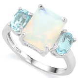 2 2/3 CARAT CREATED FIRE OPAL  2 CARAT BABY SWISS BLUE TOPAZ 925 STERLING SILVER RING