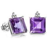 2.0 CARAT AMETHYST 10K SOLID WHITE GOLD SQUARE SHAPE EARRING WITH 0.03 CTW DIAMOND