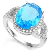 6 1/3 CARAT CREATED BLUE TOPAZ  3/5 CARAT CREATED WHITE SAPPHIRE 925 STERLING SILVER RING
