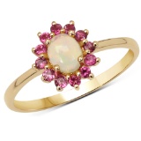 0.46 CTW Genuine Ethiopian Opal and Pink Tourmaline 14K Yellow Gold Ring