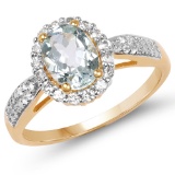 14K Yellow Gold Plated 1.46 CTW Genuine Aquamarine & White Topaz .925 Sterling Silver Ring