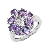 2.95 CTW Genuine Amethyst & White Topaz .925 Sterling Silver Floral Shape Ring