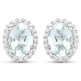 1.50 CTW Genuine Aquamarine and White Zircon .925 Sterling Silver Earrings
