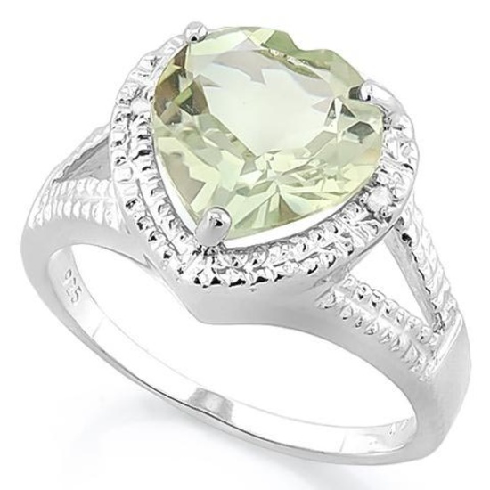 4.90 CT GREEN AMETHYST & 2 PCS WHITE DIAMOND PLATINUM OVER 0.925 STERLING SILVER RING