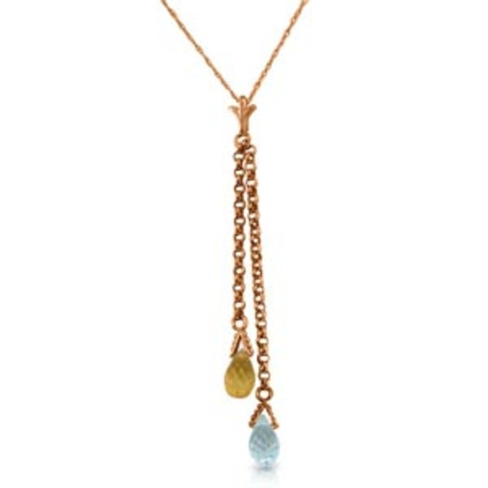 14K Solid Rose Gold Necklace with Blue Topaz and Citrine