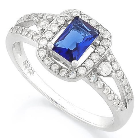2/3 CARAT CREATED BLUE SAPPHIRE  1/2 CARAT (46 PCS) FLAWLESS CREATED DIAMOND 925 STERLING SILVER HAL