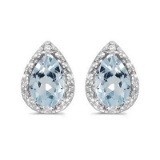 Pear Aquamarine and Diamond Stud Earrings 14k White Gold (1.20ct)
