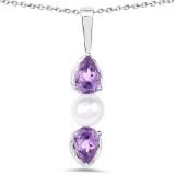 1.44 CTW Genuine Amethyst and Pearl .925 Sterling Silver Pendant