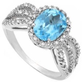 3 1/5 CARAT BABY SWISS BLUE TOPAZ  1/3 CARAT (30 PCS) CREATED WHITE SAPPHIRE 925 STERLING SILVER RIN