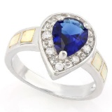 2 1/5 CARAT CREATED BLUE SAPPHIRE  1 CARAT CREATED FIRE OPAL 925 STERLING SILVER RING