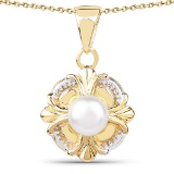 14K Yellow Gold Plated 1.00 CTW Genuine Pearl .925 Sterling Silver Pendant