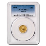 Certified $1 Gold Liberty 1854 AU53 Type 2 PCGS