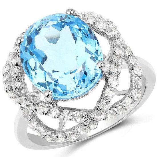 7.32 CTW Genuine Swiss Blue Topaz and White Topaz .925 Sterling Silver Ring