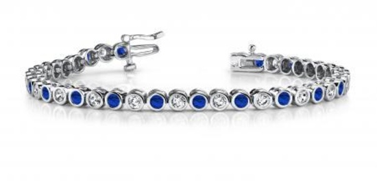 14KT WHITE GOLD 4 CTW G-H VS2/SI1 CLASSIC ROUND BEZEL SET DIAMOND & SAPPHIRE TENNIS BRACELET