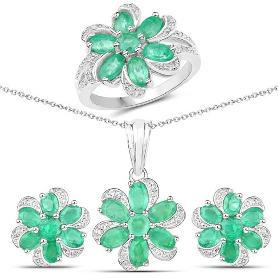 4.93 CTW Genuine Zambian Emerald and White Topaz .925 Sterling Silver 3 Piece Jewelry Set (Ring Earr