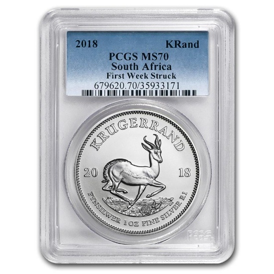 Certified 2018 South Africa 1 oz Silver Krugerrand MS70 PCGS First Week Struck