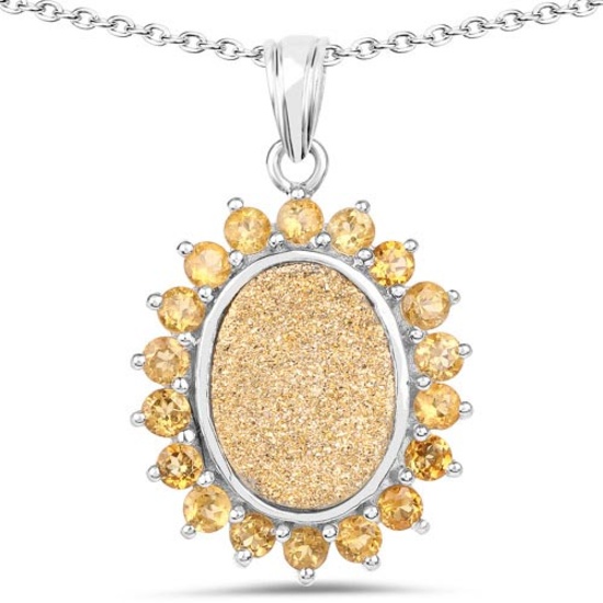 7.70 CTW Genuine Golden Drusy and Citrine .925 Sterling Silver Pendant