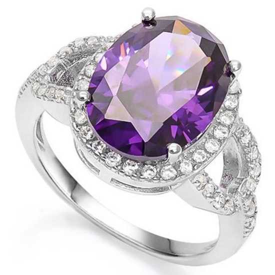 6 1/3 CARAT CREATED AMETHYST  3/5 CARAT CREATED WHITE SAPPHIRE 925 STERLING SILVER RING
