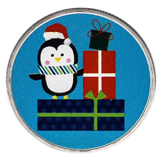 Colorized Christmas 2018 Silver Round Penguin With Presents