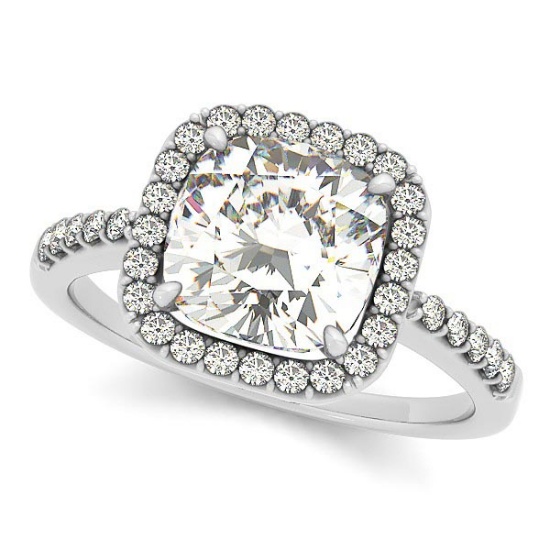 Cushion Cut Diamond Halo Engagement Ring w/ Accents 14k W. Gold 0.70ct