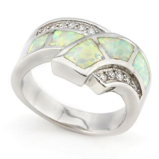 1 1/2 CARAT CREATED FIRE OPAL & 1/2 CARAT (10 PCS) CREATED WHITE SAPPHIRE 925 STERLING SILVER RING