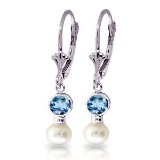 5.2 CTW 14K Solid White Gold Leverback Earrings pearl Blue Topaz