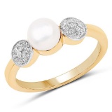14K Yellow Gold Plated 1.24 CTW Genuine Pearl and White Cubic Zirconia .925 Sterling Silver Ring