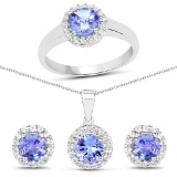 3.77 CTW Genuine Tanzanite and White Topaz .925 Sterling Silver Ring Pendant and Earrings Set