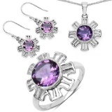7.07 CTW Genuine Amethyst .925 Sterling Silver Ring Pendant and Earrings Set