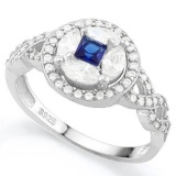 CREATED BLUE SAPPHIRE925 STERLING SILVER HALO RING