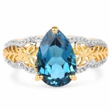 14K Yellow Gold Plated 3.50 CTW Genuine Blue Topaz .925 Sterling Silver Ring