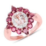 14K Rose Gold Plated 2.82 CTW Genuine Morganite and Rhodolite .925 Sterling Silver Ring