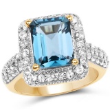 14K Yellow Gold Plated 5.03 CTW Genuine London Blue Topaz and White Topaz .925 Sterling Silver Ring