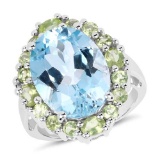 12.77 CTW Genuine Blue Topaz and Peridot .925 Sterling Silver Ring