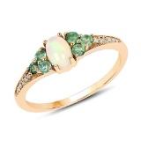 0.49 CTW Genuine Ethiopian Opal Zambian Emerald and White Diamond 14K Yellow Gold Ring