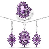 14.28 CTW Genuine Amethyst .925 Sterling Silver 3 Piece Jewelry Set (Ring Earrings and Pendant w/ Ch