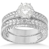 Vintage Style Filigree Solitaire Diamond Bridal Set in 14k White Gold (1.25ct)