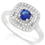 3/5 CARAT CREATED BLUE SAPPHIRE 1/2 CARAT (52 PCS) FLAWLESS CREATED DIAMOND 925 STERLING SILVER HALO