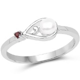 0.48 CTW Genuine Pearl and Garnet .925 Sterling Silver Ring