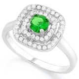 3/5 CARAT CREATED EMERALD  1/2 CARAT (52 PCS) FLAWLESS CREATED DIAMOND 925 STERLING SILVER HALO RING