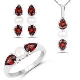 6.16 CTW Genuine Garnet and Pearl .925 Sterling Silver Ring Pendant and Earrings Set
