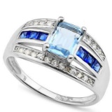 1 CARAT BABY SWISS BLUE TOPAZ  1 CARAT (26 PCS) CREATED BLUE SAPPHIRE 925 STERLING SILVER RING