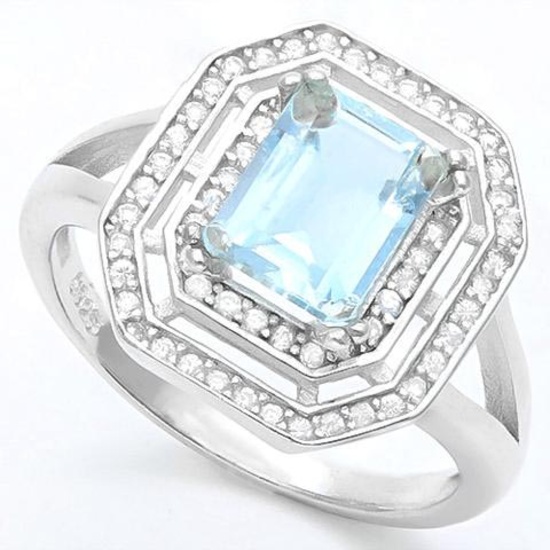 1 1/3 CARAT AQUAMARINE & DIAMOND 925 STERLING SILVER RING