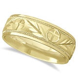 Mens Christian Leaf and Cross Wedding Band 14k Yellow Gold (7mm)