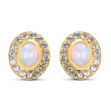 14K Yellow Gold Plated 2.01 CTW Genuine Ethiopian Opal and Tanzanite .925 Sterling Silver Earrings