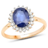 2.20 CTW Genuine Blue Sapphire and White Diamond 14K Yellow Gold Ring