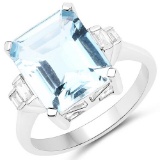 4.33 CTW Genuine Aquamarine and White Diamond 14K White Gold Ring