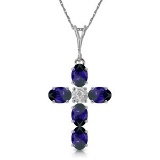 1.88 CTW 14K Solid White Gold Cross Necklace Natural Diamond Sapphire