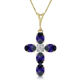 1.88 Carat 14K Solid Gold Cross Necklace Natural Diamond Sapphire