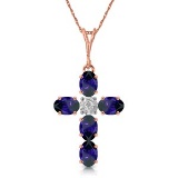 1.88 Carat 14K Solid Rose Gold Cross Necklace Natural Diamond Sapphire